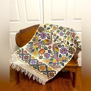 Vintage Floral Hand Embroidered Cross Stitch Fringe Art Deco Piano Shawl (liner)